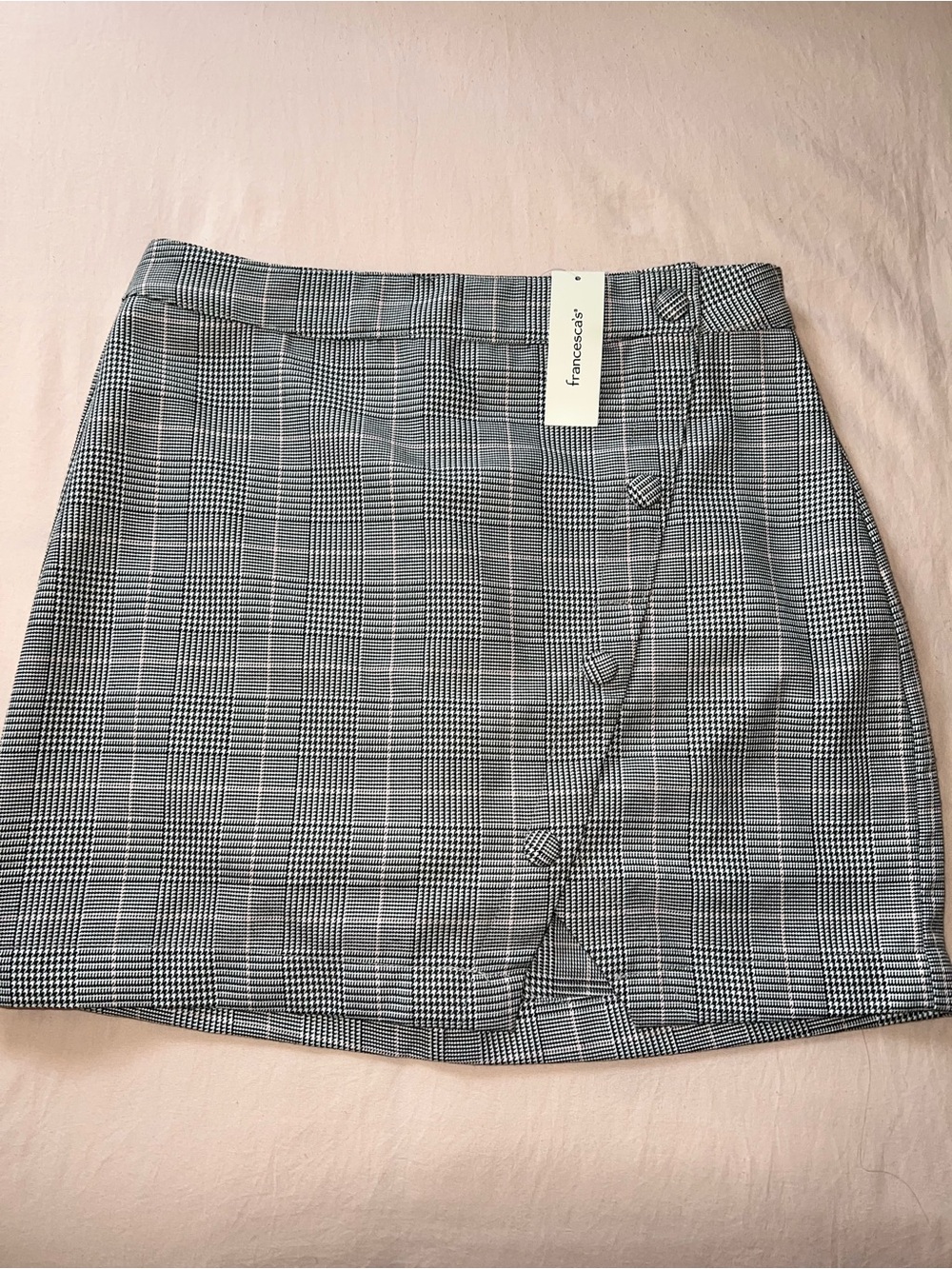 Francesca's Collections Grey Button Front Plaid Mini Skirt with Side Slit